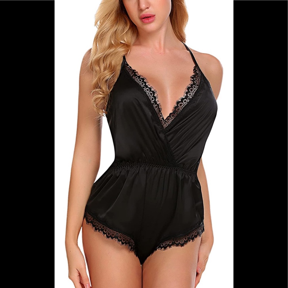 Women Lingerie Bodysuit V Neck Teddy Lace Babydoll Satin Pajamas Nightwear